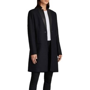 Wool Blend Black Long Coat with Leather Trim